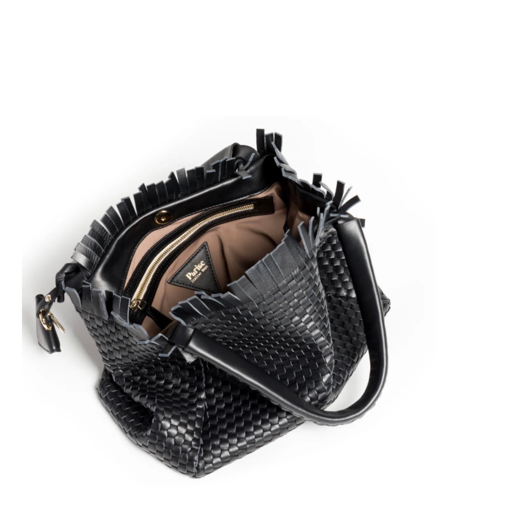 Fringe black leather bag by Parise